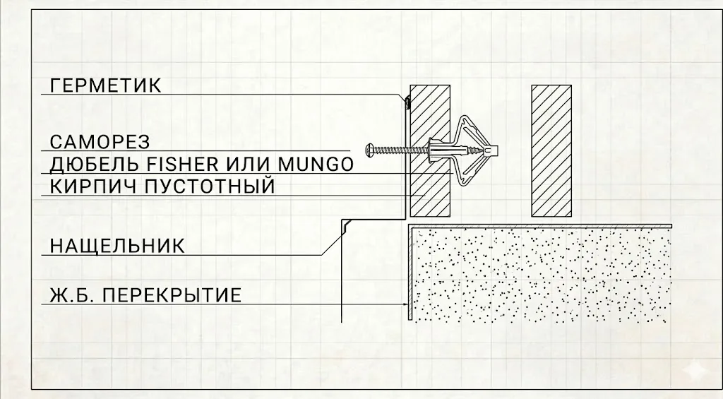 Крепление нащельника к кирпичной стене